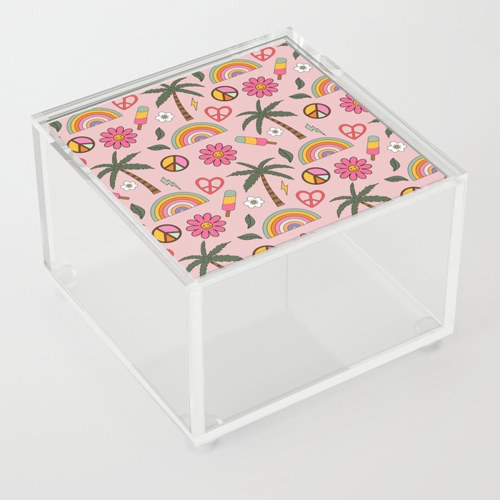 Retro Summer Rainbows Smiling Flowers Beach Pattern Acrylic Box