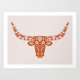 Floral Longhorn – Burnt Orange Art Print