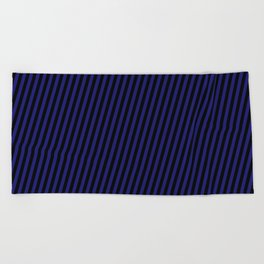 [ Thumbnail: Midnight Blue and Black Colored Pattern of Stripes Beach Towel ]