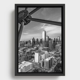 Dallas Skyline Through Reunion Tower - Texas - Black And White Framed Canvas