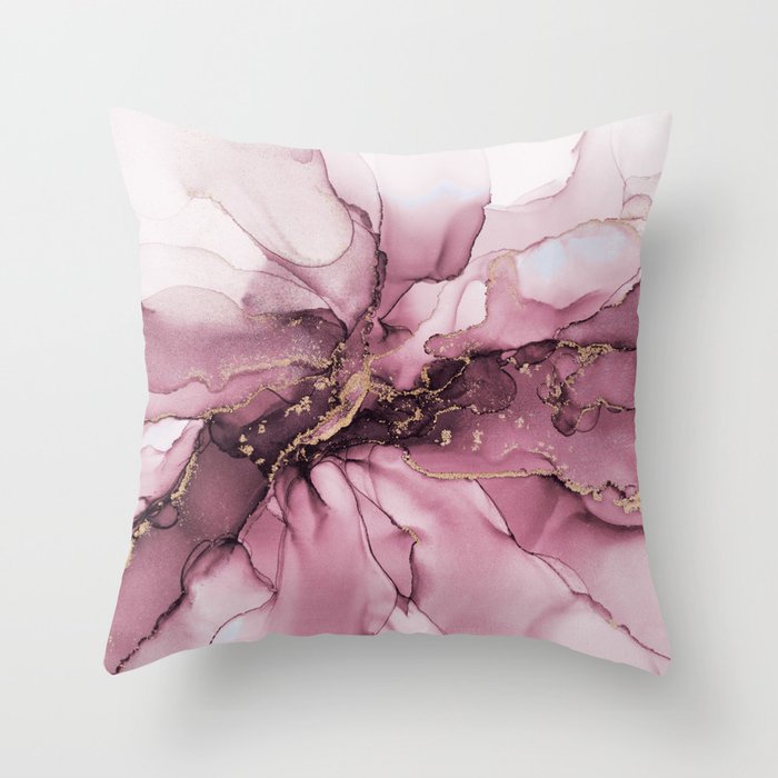 Burgundy Red Wine Gold Abstract Ink Throw Pillow