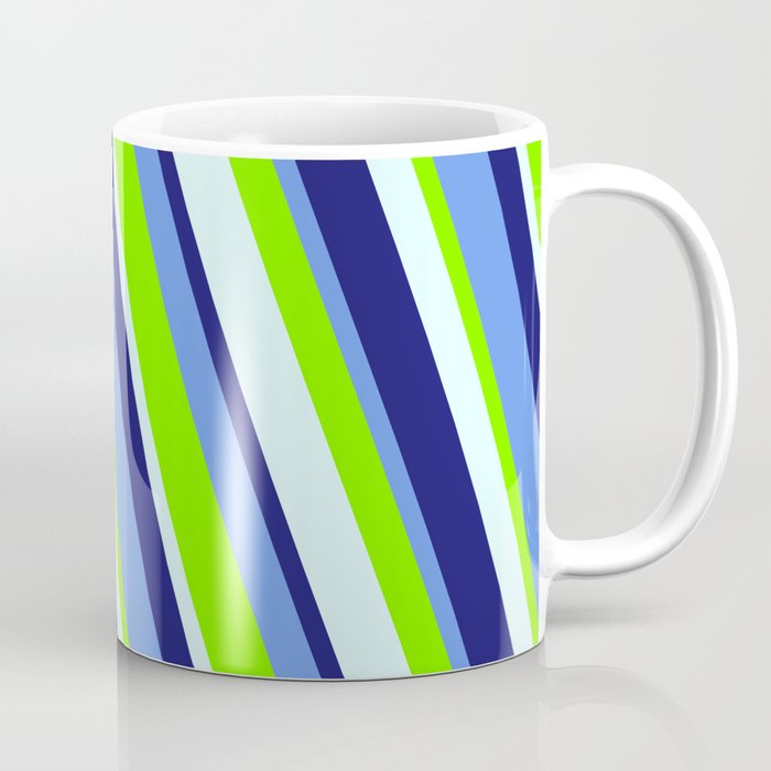Cornflower Blue, Chartreuse, Light Cyan, and Midnight Blue Colored Lined Pattern Coffee Mug