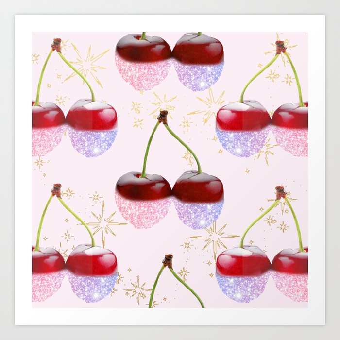 Sparkle Cherries on Pink Art Print