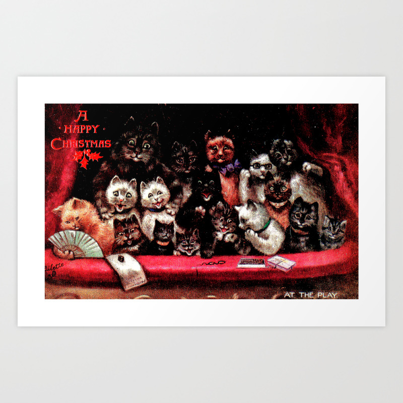 Antique Christmas Greeting Painting Of Humanized Cats At The Play