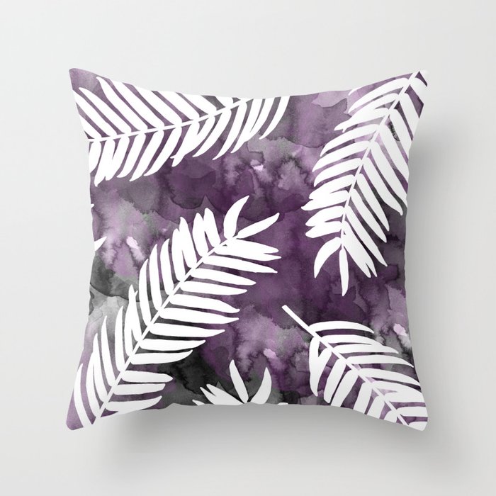 White Palm Leaves Black And Purple Wash Background Throw Pillow