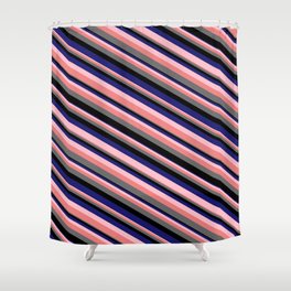 [ Thumbnail: Eye-catching Pink, Light Coral, Dim Grey, Black, and Midnight Blue Colored Stripes Pattern Shower Curtain ]