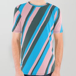 [ Thumbnail: Deep Sky Blue, Pink & Dark Slate Gray Colored Stripes Pattern All Over Graphic Tee ]