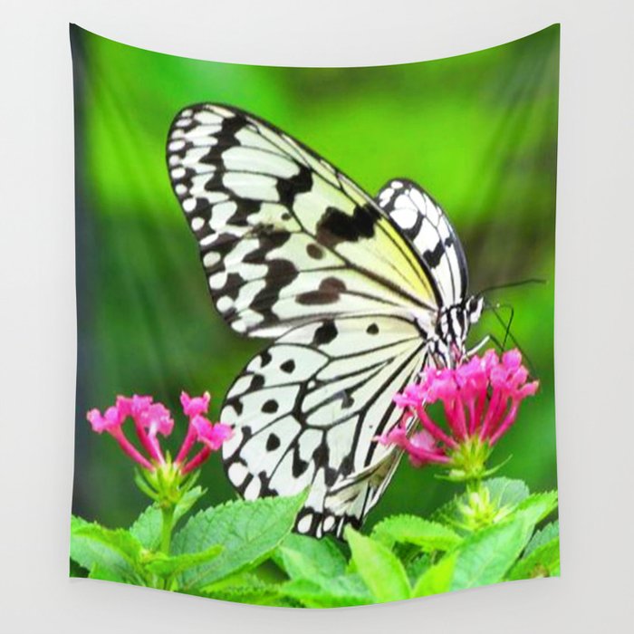 Butterfly and Pink Flowers Wall Tapestry