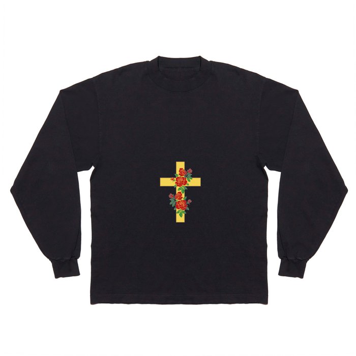 Yellow christian cross and red roses Long Sleeve T Shirt