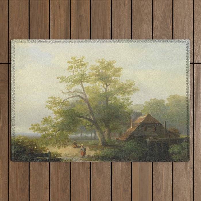 A Watermill in a Woody Landscape, Lodewijk Hendrik Arends, 1854 Outdoor Rug