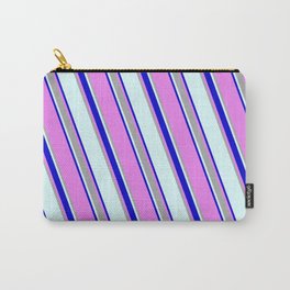 [ Thumbnail: Light Cyan, Blue, Violet, and Dark Grey Colored Lines/Stripes Pattern Carry-All Pouch ]