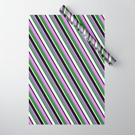 [ Thumbnail: Eye-catching Violet, Slate Gray, Forest Green, White, and Black Colored Stripes/Lines Pattern Wrapping Paper ]