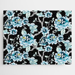 Spring Flowers Pattern Blue on Black Jigsaw Puzzle