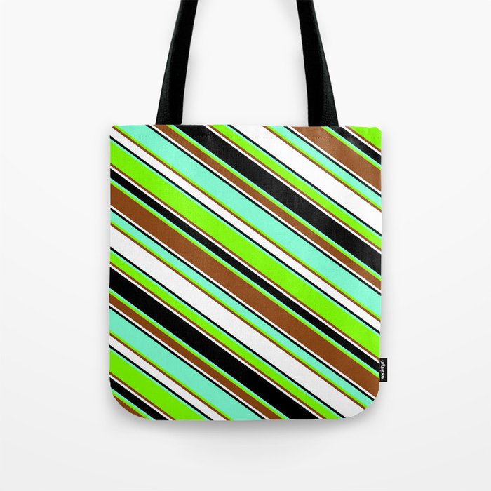 Aquamarine, Chartreuse, Brown, White, and Black Colored Striped/Lined Pattern Tote Bag