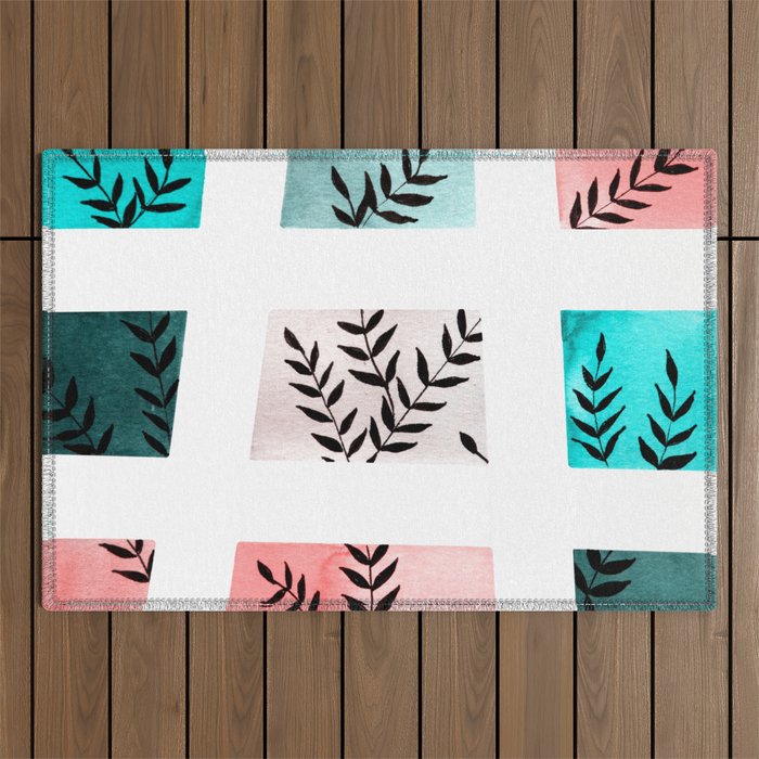 Watercolor color blocks and branches - pink and mint Outdoor Rug