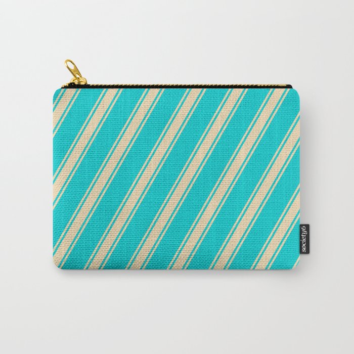 Dark Turquoise and Tan Colored Lines Pattern Carry-All Pouch