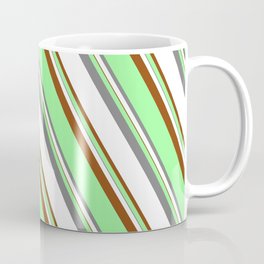 [ Thumbnail: Green, Grey, White, and Brown Colored Lined/Striped Pattern Coffee Mug ]