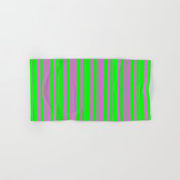[ Thumbnail: Lime and Orchid Colored Lines/Stripes Pattern Hand & Bath Towel ]