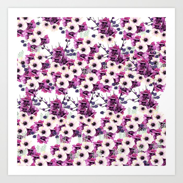 Trendy pink purple watercolor hortensia floral pattern Art Print