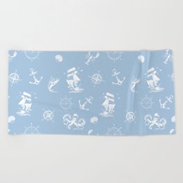 Pale Blue And White Silhouettes Of Vintage Nautical Pattern Beach Towel