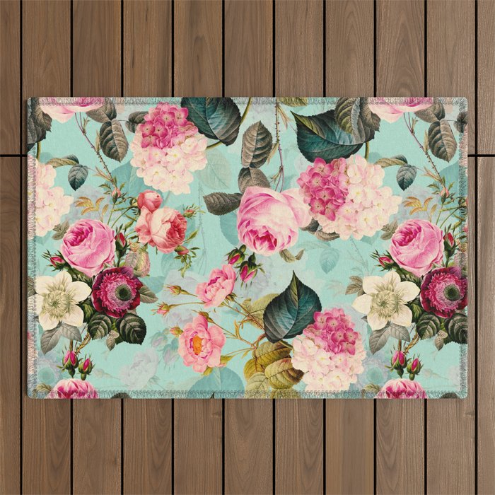 Vintage & Shabby Chic Summer Teal Roses Flower Garden Outdoor Rug by