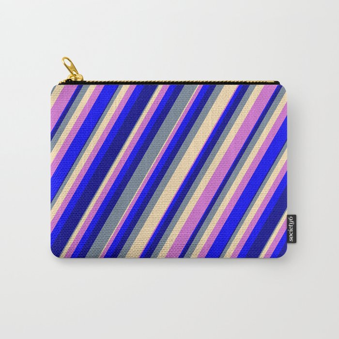 Light Slate Gray, Beige, Orchid, Blue & Dark Blue Colored Striped Pattern Carry-All Pouch