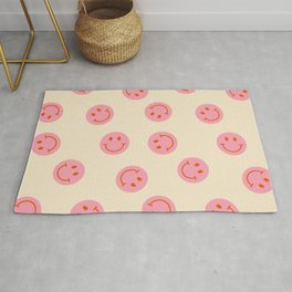 70s Retro Smiley Face Pattern in Beige & Pink Area & Throw Rug