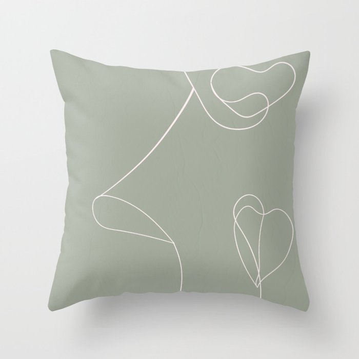 Line Art Face Flower Shapes 4 Sage Green Throw Pillow