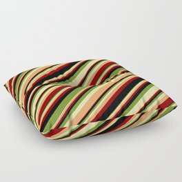 [ Thumbnail: Colorful Green, Pale Goldenrod, Brown, Dark Red & Black Colored Stripes Pattern Floor Pillow ]