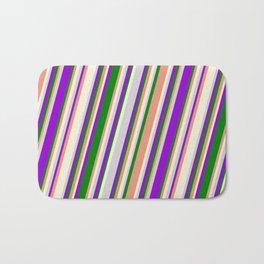 [ Thumbnail: Vibrant Dark Violet, Green, Dark Salmon, Beige, and Light Gray Colored Stripes/Lines Pattern Bath Mat ]