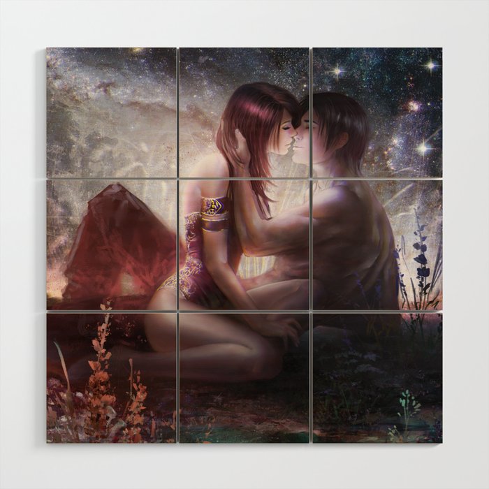 Romantic Couple Kissing Under Starry Sky Wood Wall Art By