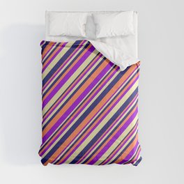 [ Thumbnail: Coral, Dark Violet, Pale Goldenrod, and Midnight Blue Colored Lined/Striped Pattern Comforter ]