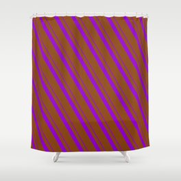 [ Thumbnail: Dark Violet and Brown Colored Striped/Lined Pattern Shower Curtain ]