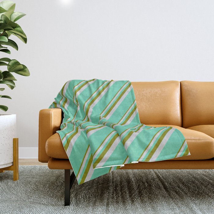 Green, Light Grey & Aquamarine Colored Lined Pattern Throw Blanket