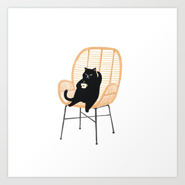 Lazy cat 2 enjoying coffee on rattan chair  Art Print
