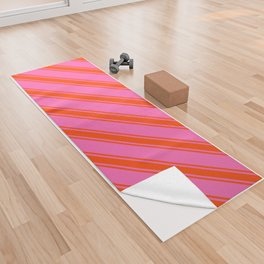 [ Thumbnail: Hot Pink and Red Colored Striped/Lined Pattern Yoga Towel ]