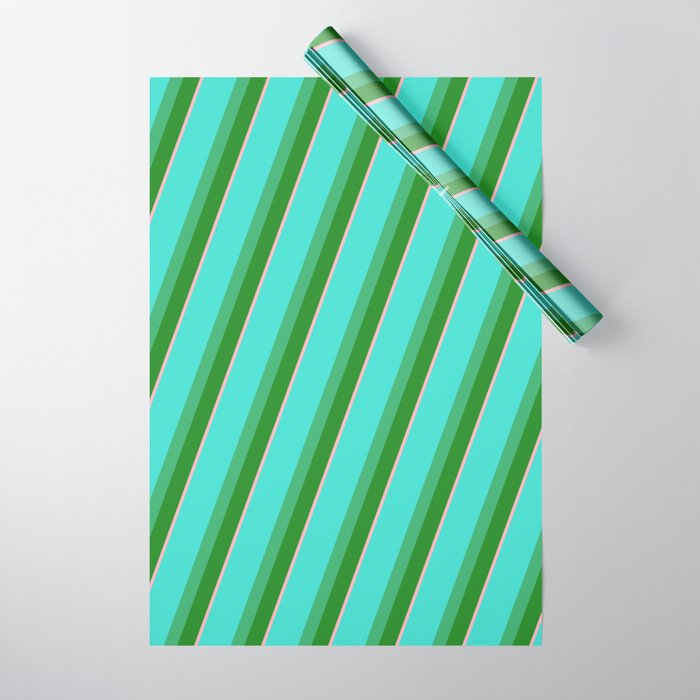 Turquoise, Sea Green, Forest Green, and Light Pink Colored Pattern of Stripes Wrapping Paper