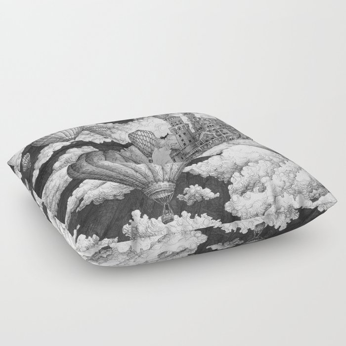 Journey to the Cloud Kingdom - Ink Drawing Floor Pillow