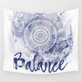 Blue Watercolor Mandala Painting with Word Balance Wall Tapestry