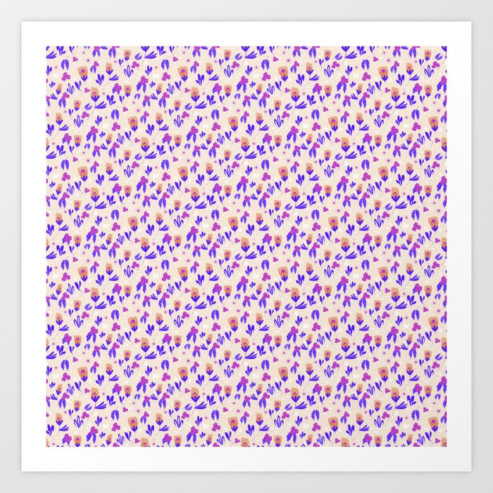 Orange, Pink, Purple, Blue repeat flower and leave pattern Art Print