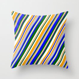 [ Thumbnail: Eyecatching Grey, Blue, Dark Green, White, and Orange Colored Stripes/Lines Pattern Throw Pillow ]