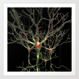 Neurons Green Brain Cells with Glowing Nerve Impulses Art Print
