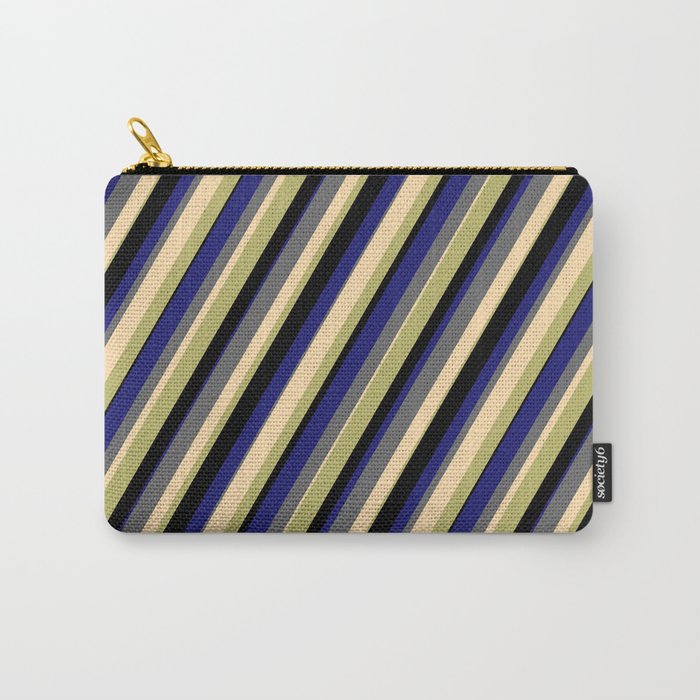 Vibrant Dim Grey, Tan, Dark Khaki, Black, and Midnight Blue Colored Lines Pattern Carry-All Pouch