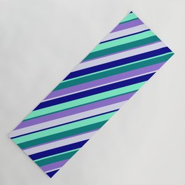 [ Thumbnail: Eye-catching Teal, Purple, Lavender, Dark Blue, and Aquamarine Colored Pattern of Stripes Yoga Mat ]