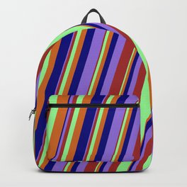 [ Thumbnail: Colorful Brown, Green, Chocolate, Blue, and Purple Colored Lined Pattern Backpack ]