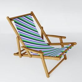 [ Thumbnail: Colorful Medium Slate Blue, Light Blue, Lime Green, Midnight Blue, and White Colored Striped Pattern Sling Chair ]