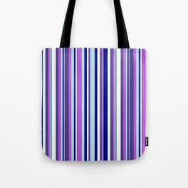 [ Thumbnail: Colorful Blue, Powder Blue, Orchid, Dark Slate Blue & Mint Cream Colored Lined/Striped Pattern Tote Bag ]