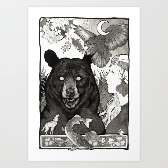 Bear, wolf, pike and falcon Art Print