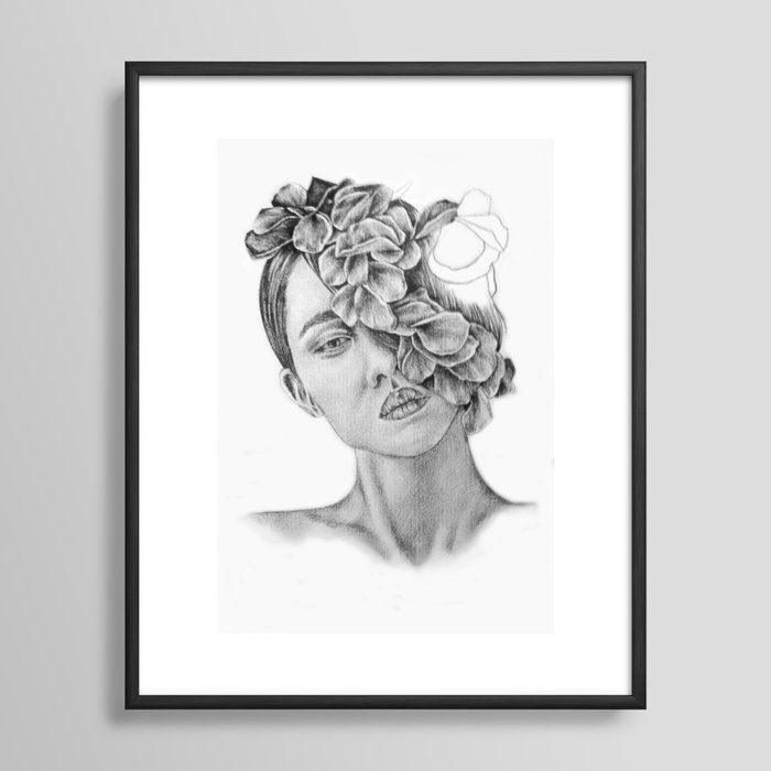 Art Pencil drawing Illustration portrait model Flowers Gift wall decor Framed Art Print