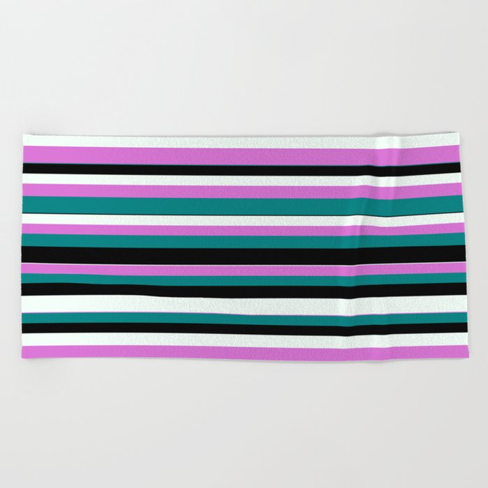 Orchid, Teal, Black, and Mint Cream Colored Striped/Lined Pattern Beach Towel